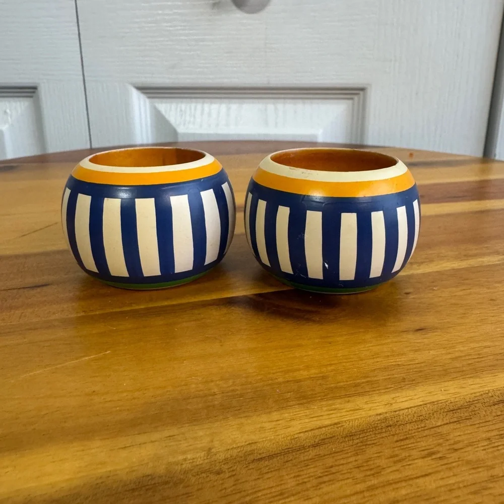 Vintage hand painted striped wooden‎ napkin rings set of 2